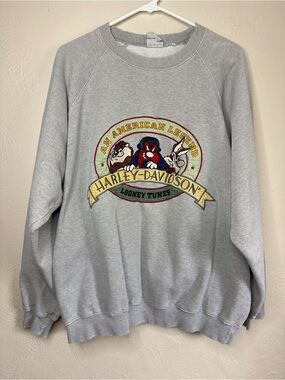 Vintage Harley-Davidson x Looney Tunes Sweatshirt Gray Oversized Distressed